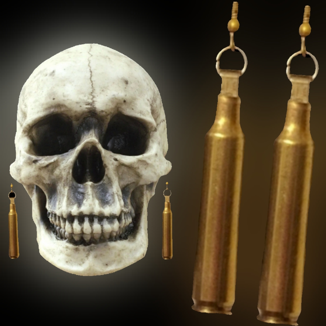 Hand Made Brass 08 Bullet Casing Fish Hook Spent Ammo Shell Dangle Earrings Nwt